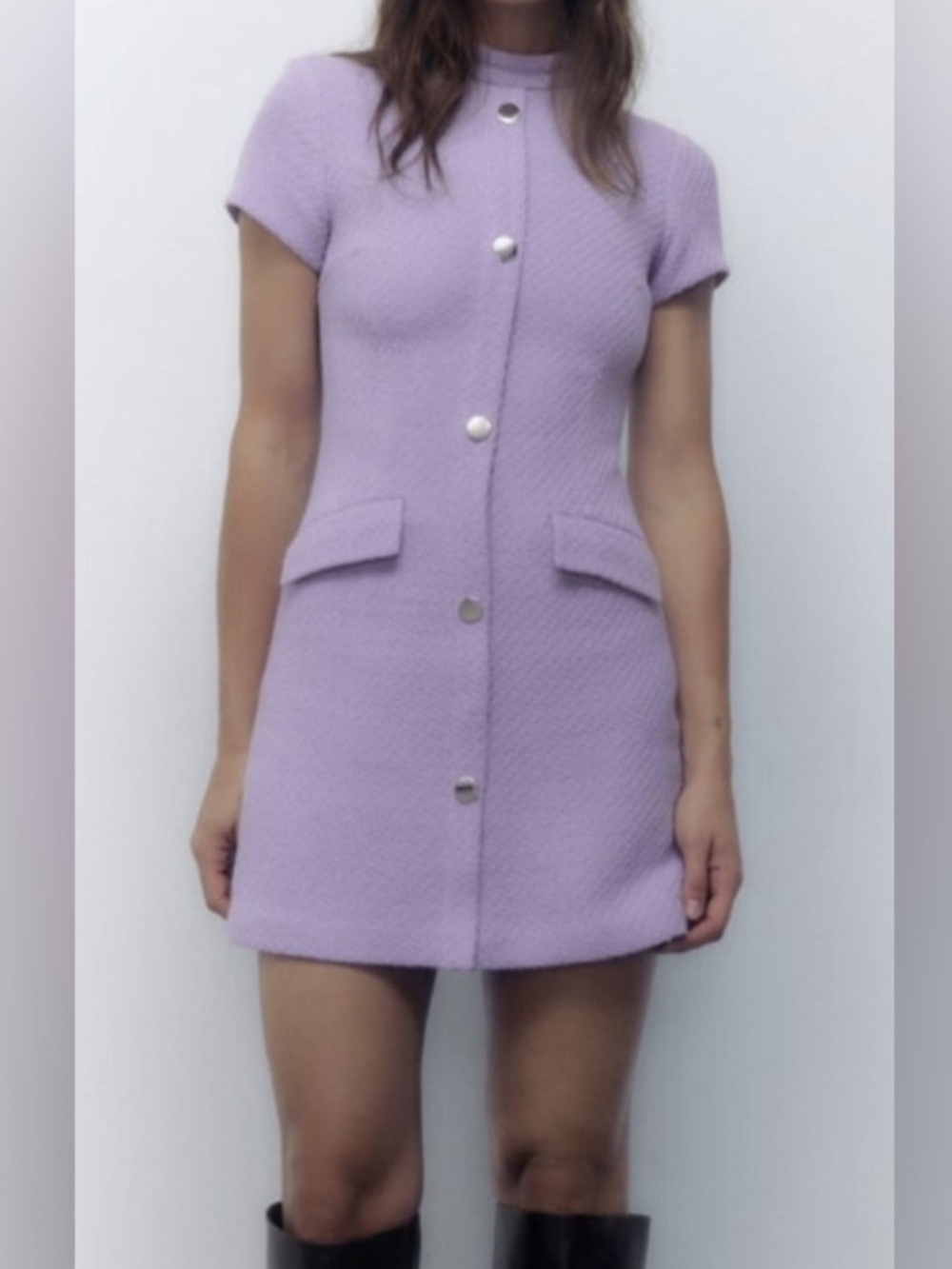 Zara textured Lilac Short-Sleeve Button-Front Mini Dress. Worn once
